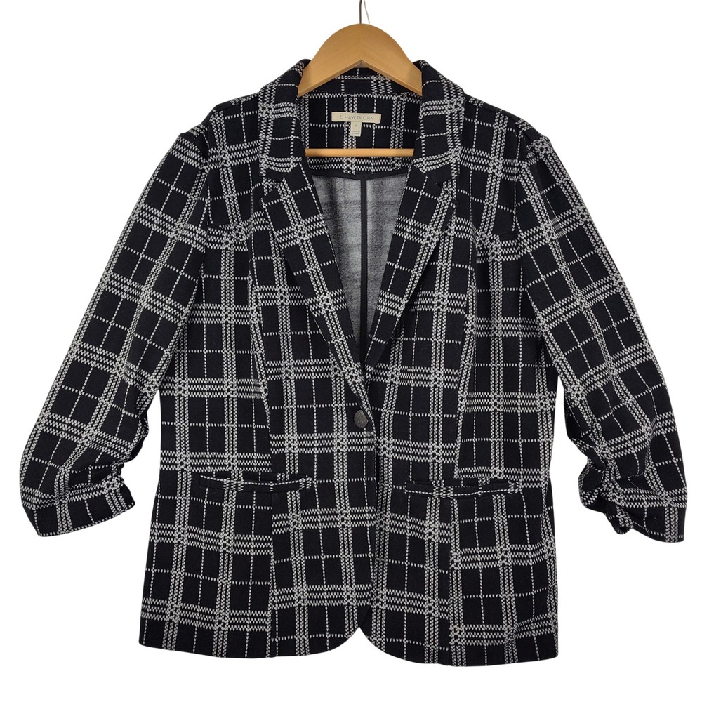 41 Hawthorn Womens Black White Grid Knit Layering Blazer with Ruched Sleeves XL